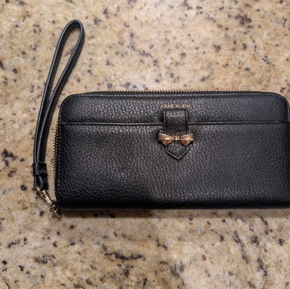 Anne Klein Black Leather Wallet with Gold Bow Accent